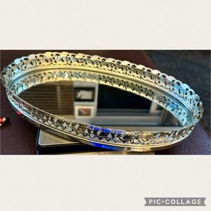 Vintage Silver tone with Floral Filagree Metal Vanity Makeup Tray with Mirror
